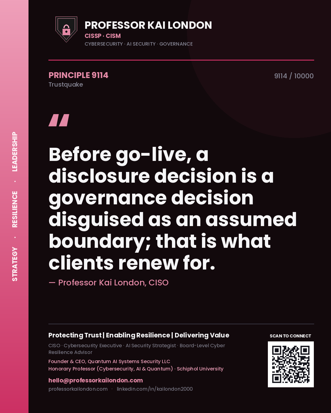 Professor Kai London principle 9114: Before go-live, a disclosure decision is a governance decision disguised as an assumed boundary; that is what clients renew for.