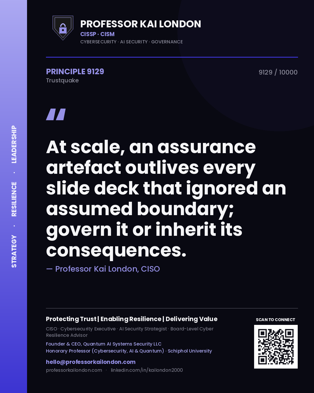 Professor Kai London principle 9129: At scale, an assurance artefact outlives every slide deck that ignored an assumed boundary; govern it or inherit its consequences.