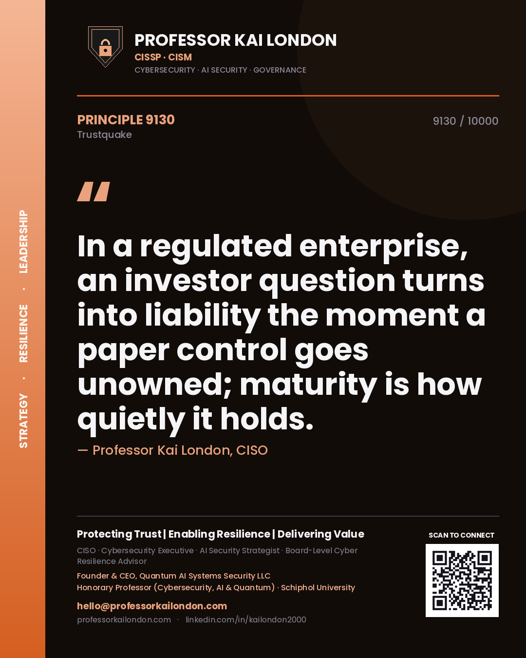 Professor Kai London principle 9130: In a regulated enterprise, an investor question turns into liability the moment a paper control goes unowned; maturity is how quietly it holds.