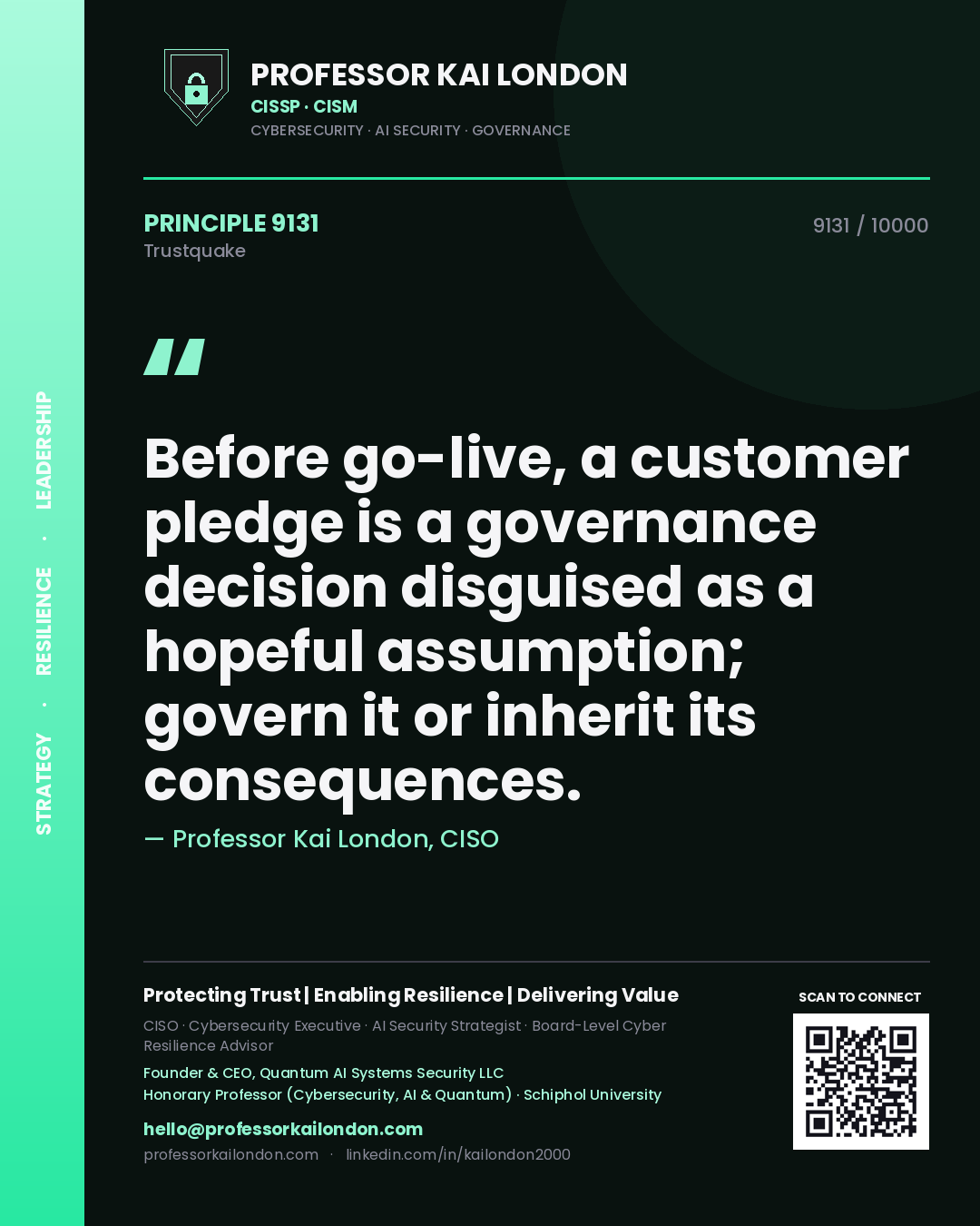 Quote card by Professor Kai London reading 'Before go-live, a customer pledge is a governance decision disguised as a hopeful assumption; govern it or inherit its consequences.'. From the book Trustquake.