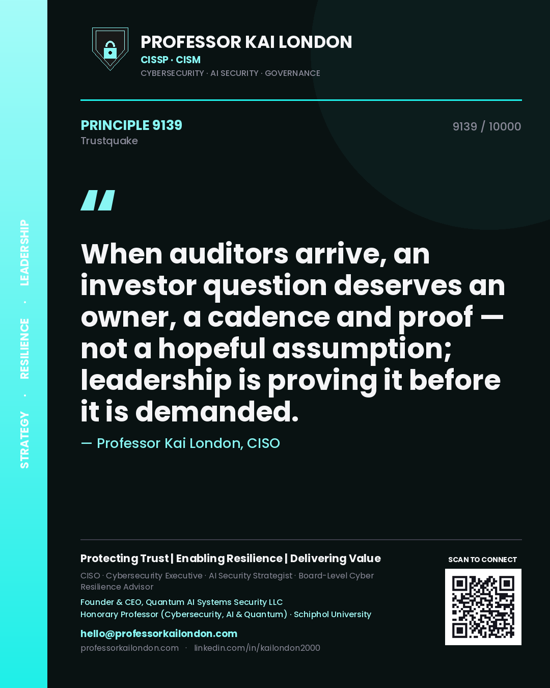 Quote card by Professor Kai London reading 'When auditors arrive, an investor question deserves an owner, a cadence and proof — not a hopeful assumption; leadership is proving it before it is demanded.'. From the book Trustquake.