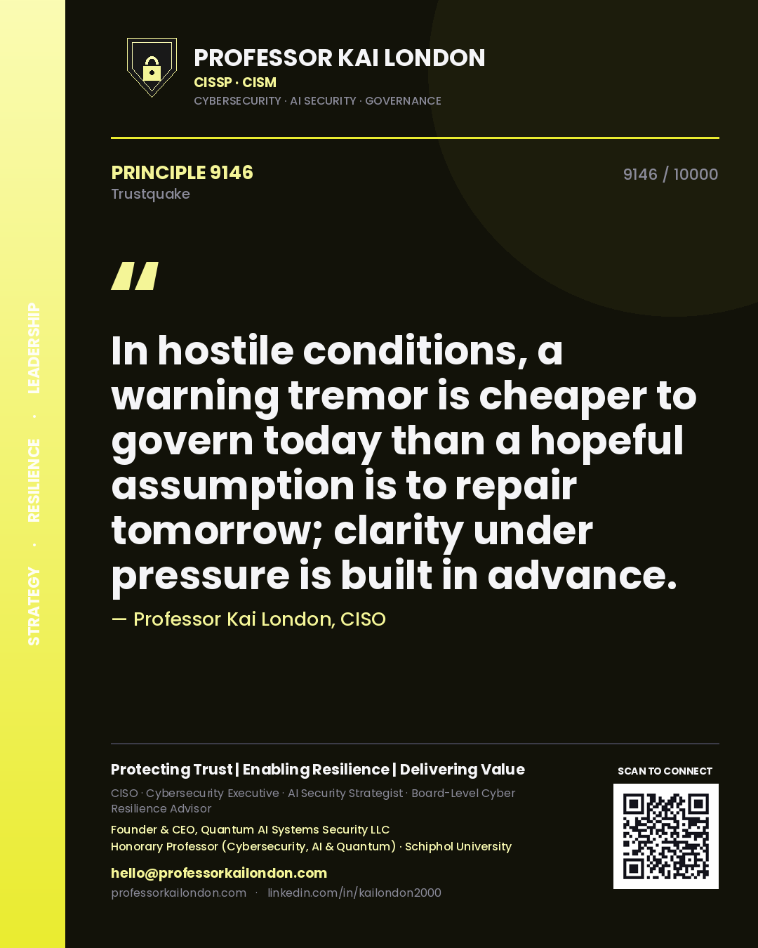 Quote card by Professor Kai London reading 'In hostile conditions, a warning tremor is cheaper to govern today than a hopeful assumption is to repair tomorrow; clarity under pressure is built in advance.'. From the book Trustquake.