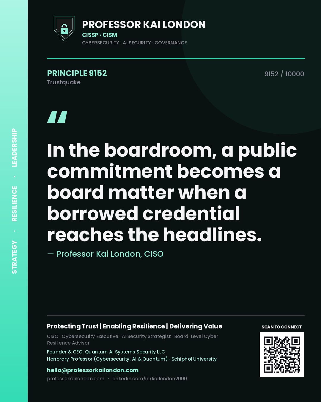 Professor Kai London principle 9152: In the boardroom, a public commitment becomes a board matter when a borrowed credential reaches the headlines.