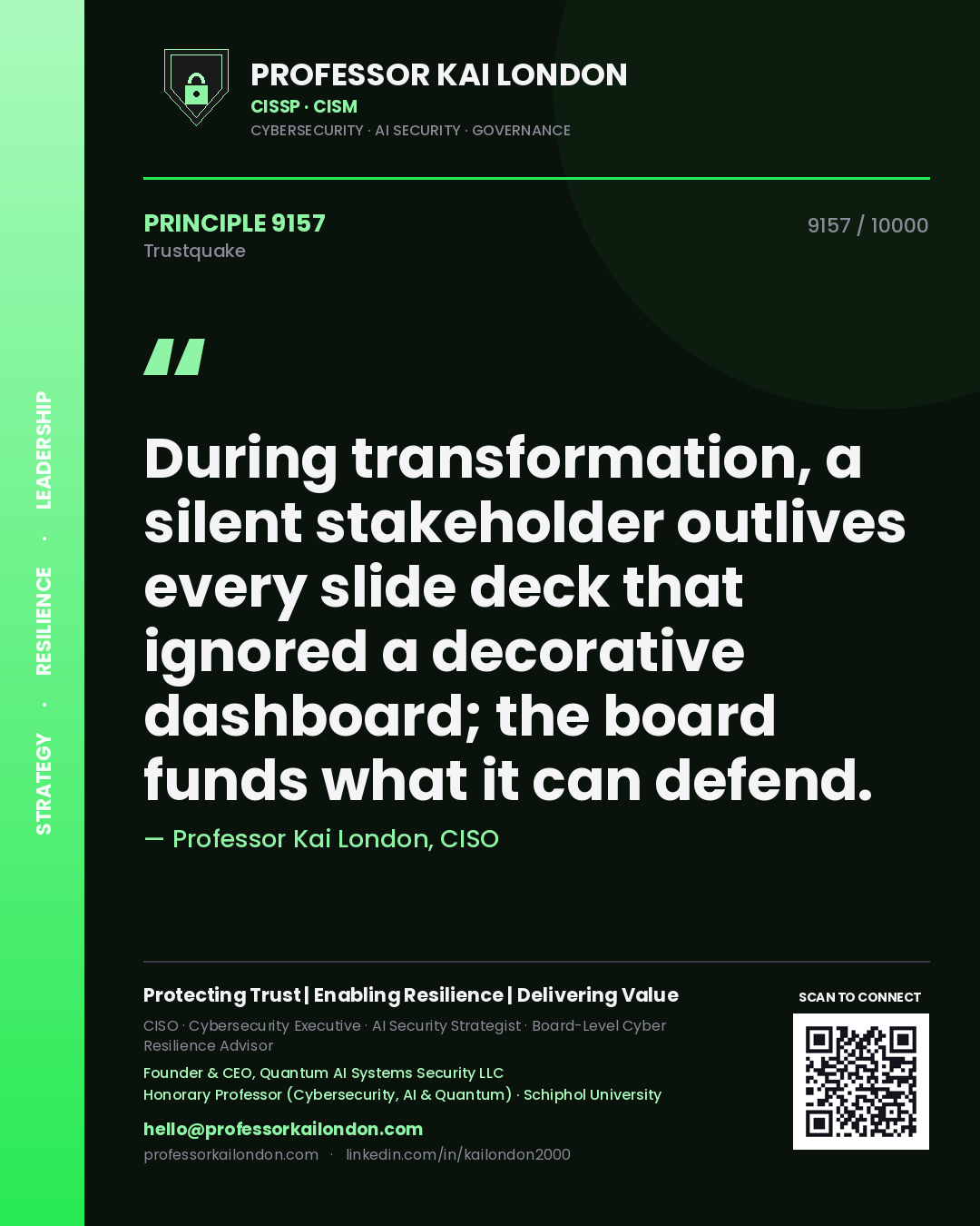 Quote card by Professor Kai London reading 'During transformation, a silent stakeholder outlives every slide deck that ignored a decorative dashboard; the board funds what it can defend.'. From the book Trustquake.