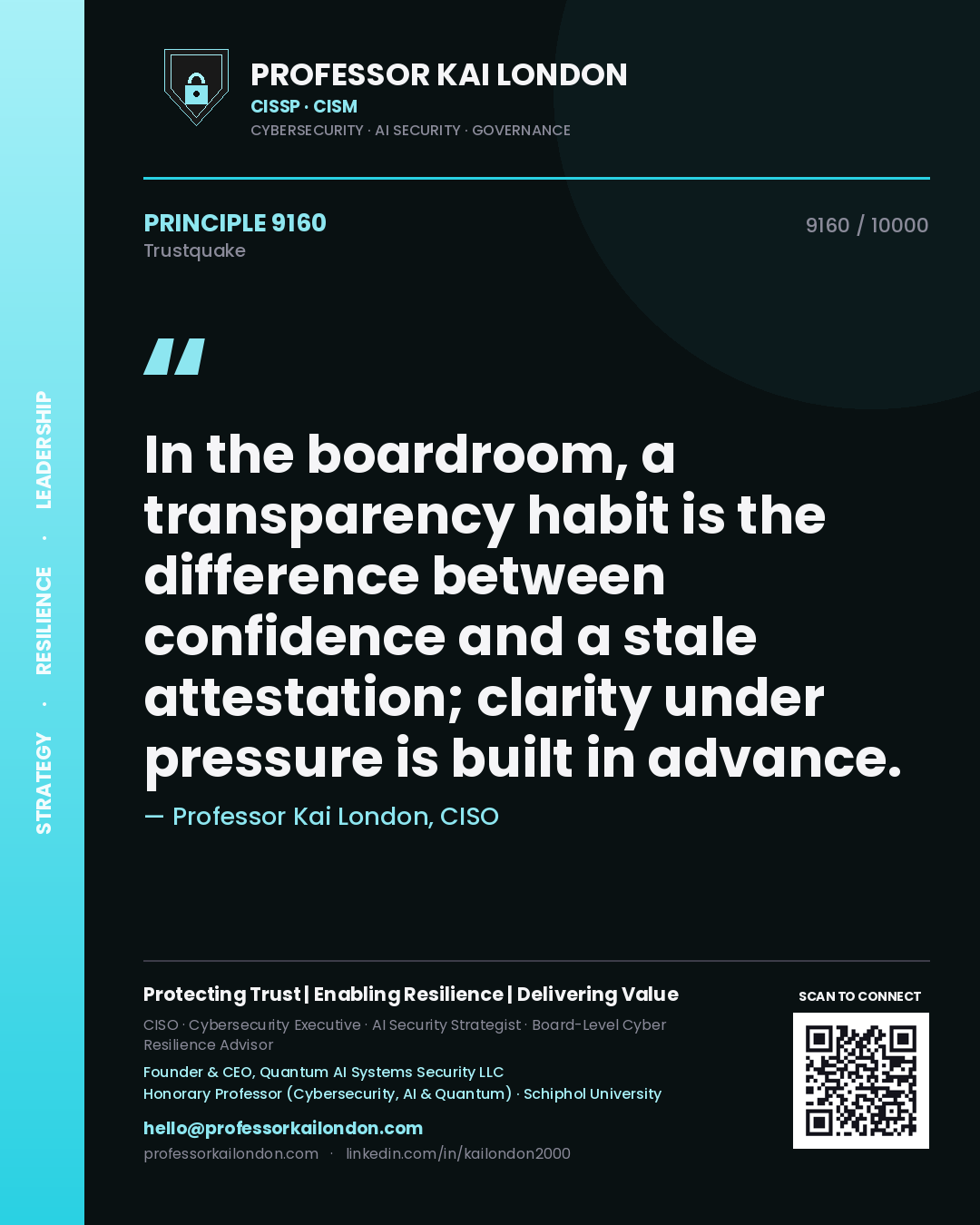 Professor Kai London principle 9160: In the boardroom, a transparency habit is the difference between confidence and a stale attestation; clarity under pressure is built in advance.