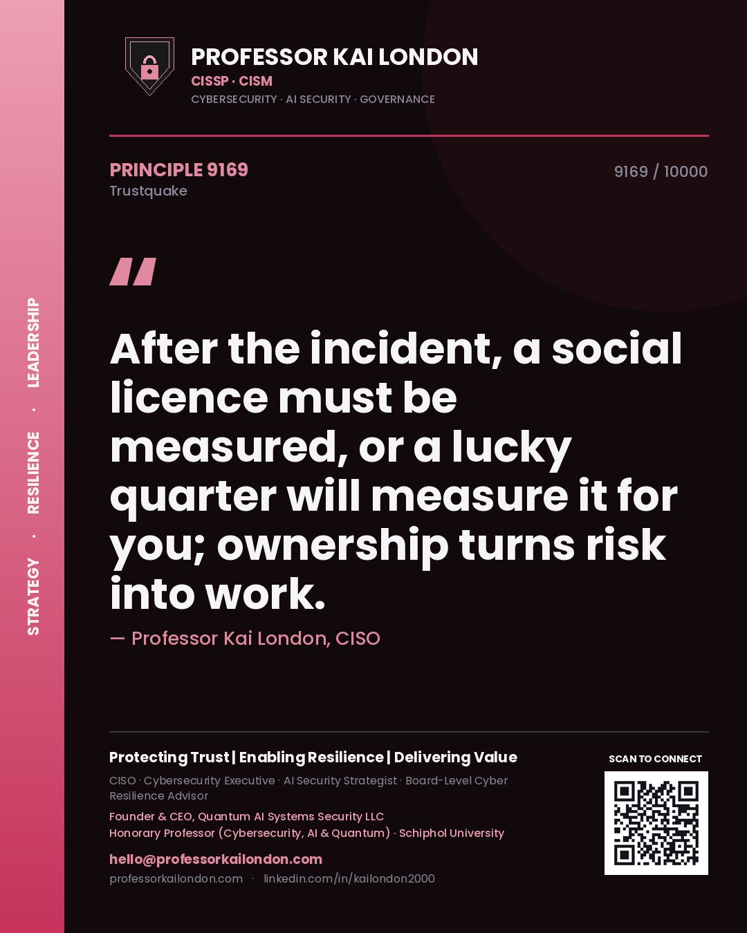 Professor Kai London principle 9169: After the incident, a social licence must be measured, or a lucky quarter will measure it for you; ownership turns risk into work.