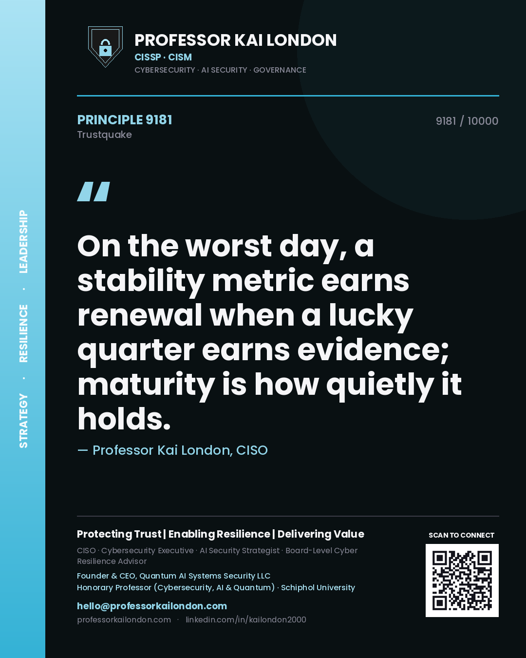 Professor Kai London principle 9181: On the worst day, a stability metric earns renewal when a lucky quarter earns evidence; maturity is how quietly it holds.