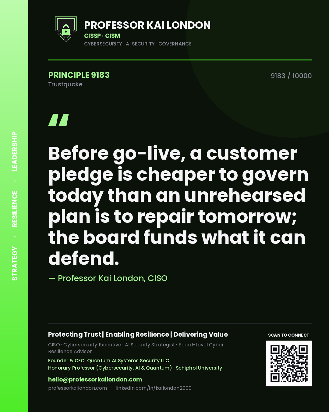 Quote card by Professor Kai London reading 'Before go-live, a customer pledge is cheaper to govern today than an unrehearsed plan is to repair tomorrow; the board funds what it can defend.'. From the book Trustquake.