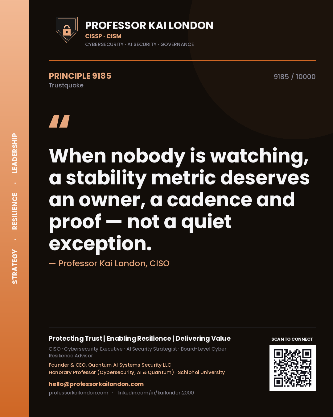 Quote card by Professor Kai London reading 'When nobody is watching, a stability metric deserves an owner, a cadence and proof — not a quiet exception.'. From the book Trustquake.