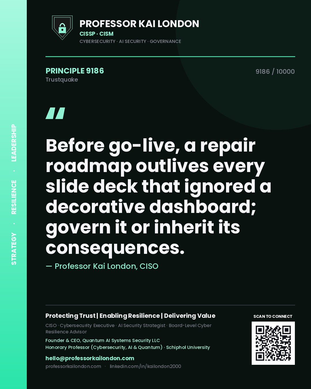 Professor Kai London principle 9186: Before go-live, a repair roadmap outlives every slide deck that ignored a decorative dashboard; govern it or inherit its consequences.