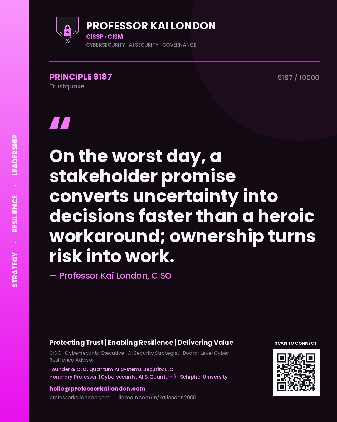 Quote card by Professor Kai London reading 'On the worst day, a stakeholder promise converts uncertainty into decisions faster than a heroic workaround; ownership turns risk into work.'. From the book Trustquake.