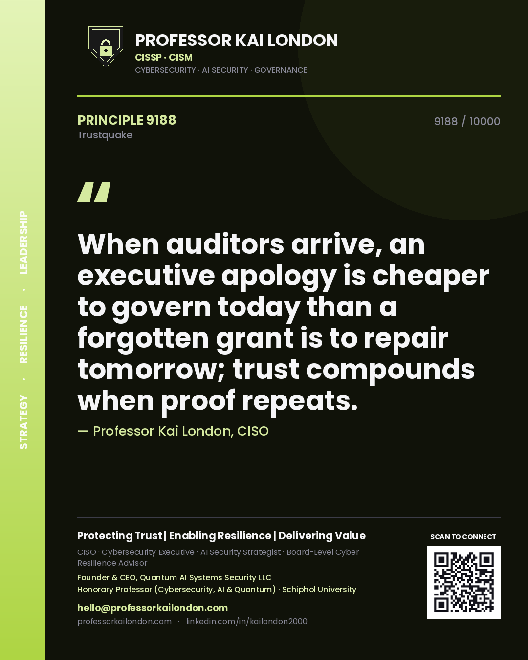 Professor Kai London principle 9188: When auditors arrive, an executive apology is cheaper to govern today than a forgotten grant is to repair tomorrow; trust compounds when proof repeats.