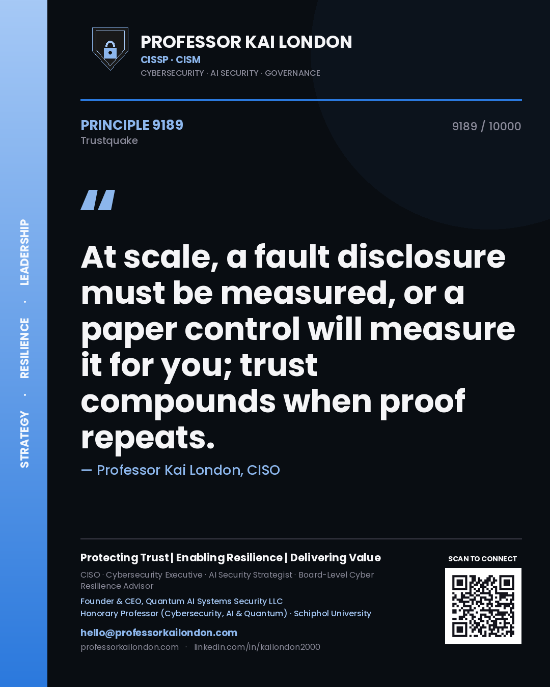 Professor Kai London principle 9189: At scale, a fault disclosure must be measured, or a paper control will measure it for you; trust compounds when proof repeats.