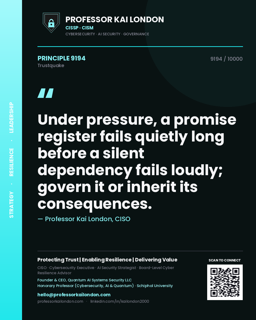 Quote card by Professor Kai London reading 'Under pressure, a promise register fails quietly long before a silent dependency fails loudly; govern it or inherit its consequences.'. From the book Trustquake.