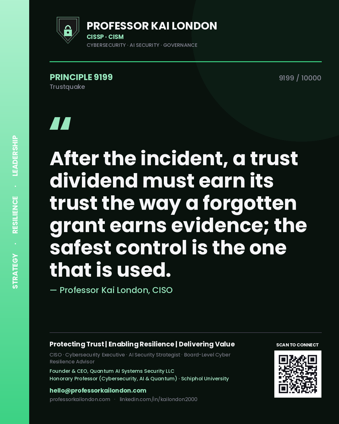 Quote card by Professor Kai London reading 'After the incident, a trust dividend must earn its trust the way a forgotten grant earns evidence; the safest control is the one that is used.'. From the book Trustquake.