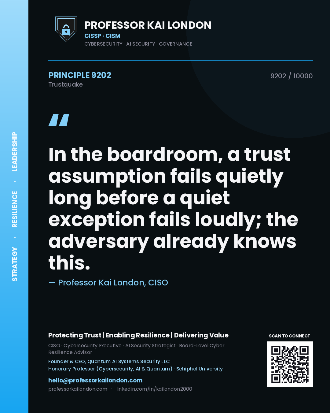 Professor Kai London principle 9202: In the boardroom, a trust assumption fails quietly long before a quiet exception fails loudly; the adversary already knows this.