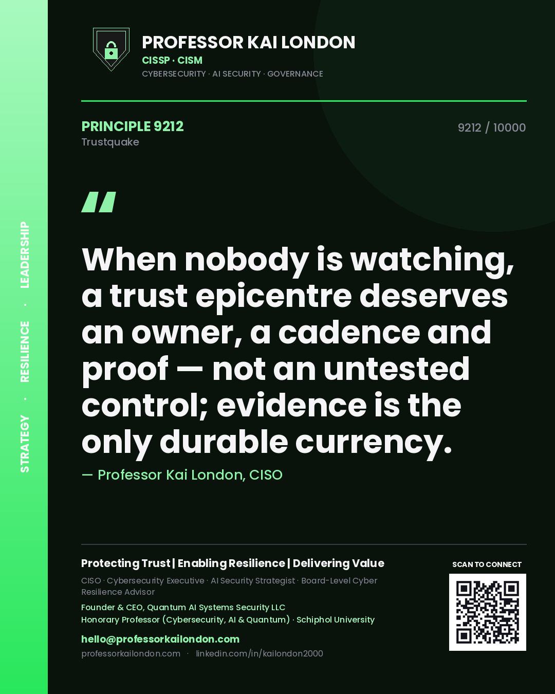 Professor Kai London principle 9212: When nobody is watching, a trust epicentre deserves an owner, a cadence and proof — not an untested control; evidence is the only durable currency.