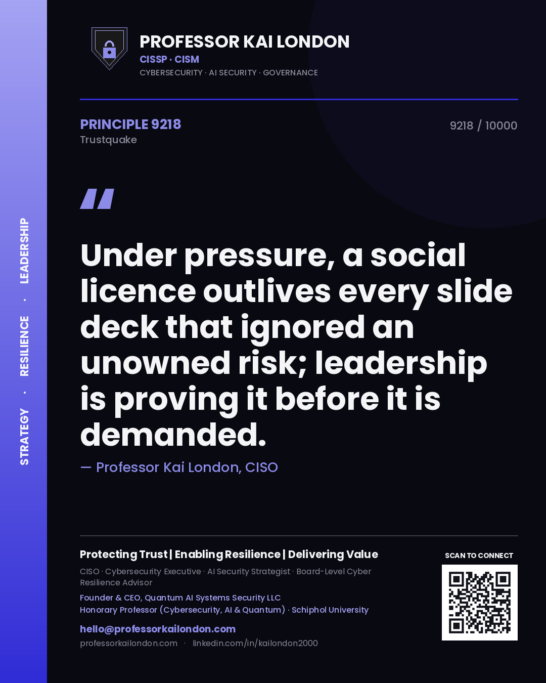 Quote card by Professor Kai London reading 'Under pressure, a social licence outlives every slide deck that ignored an unowned risk; leadership is proving it before it is demanded.'. From the book Trustquake.