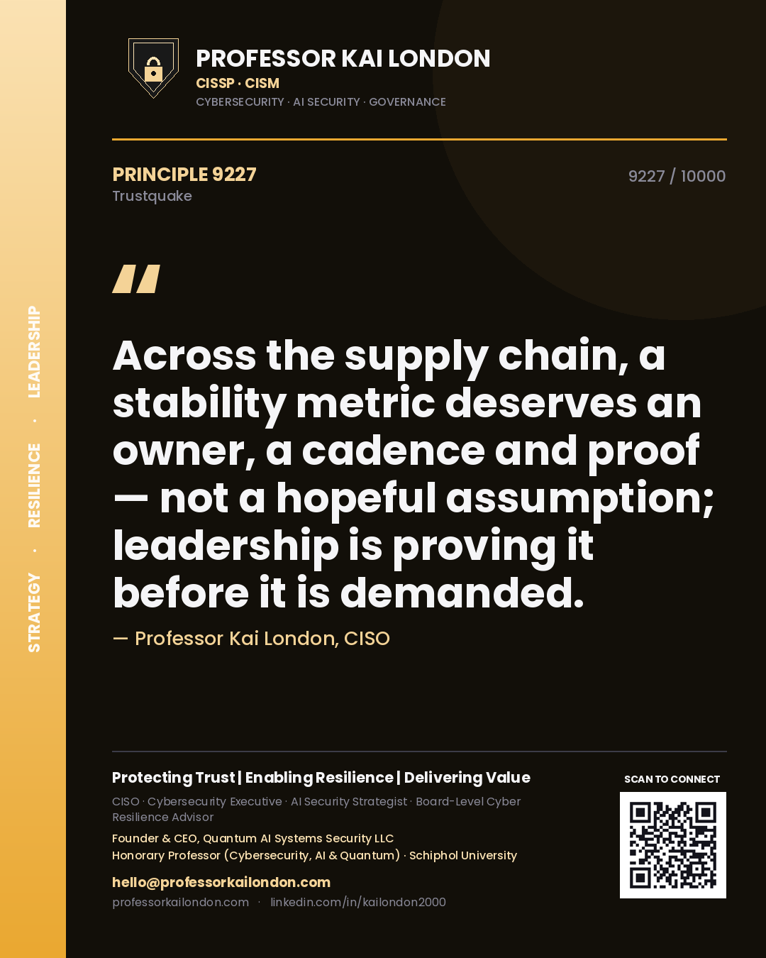 Professor Kai London principle 9227: Across the supply chain, a stability metric deserves an owner, a cadence and proof — not a hopeful assumption; leadership is proving it before it is demanded.