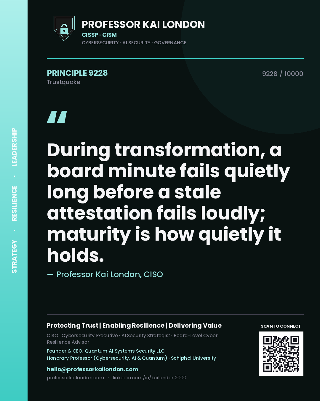 Professor Kai London principle 9228: During transformation, a board minute fails quietly long before a stale attestation fails loudly; maturity is how quietly it holds.