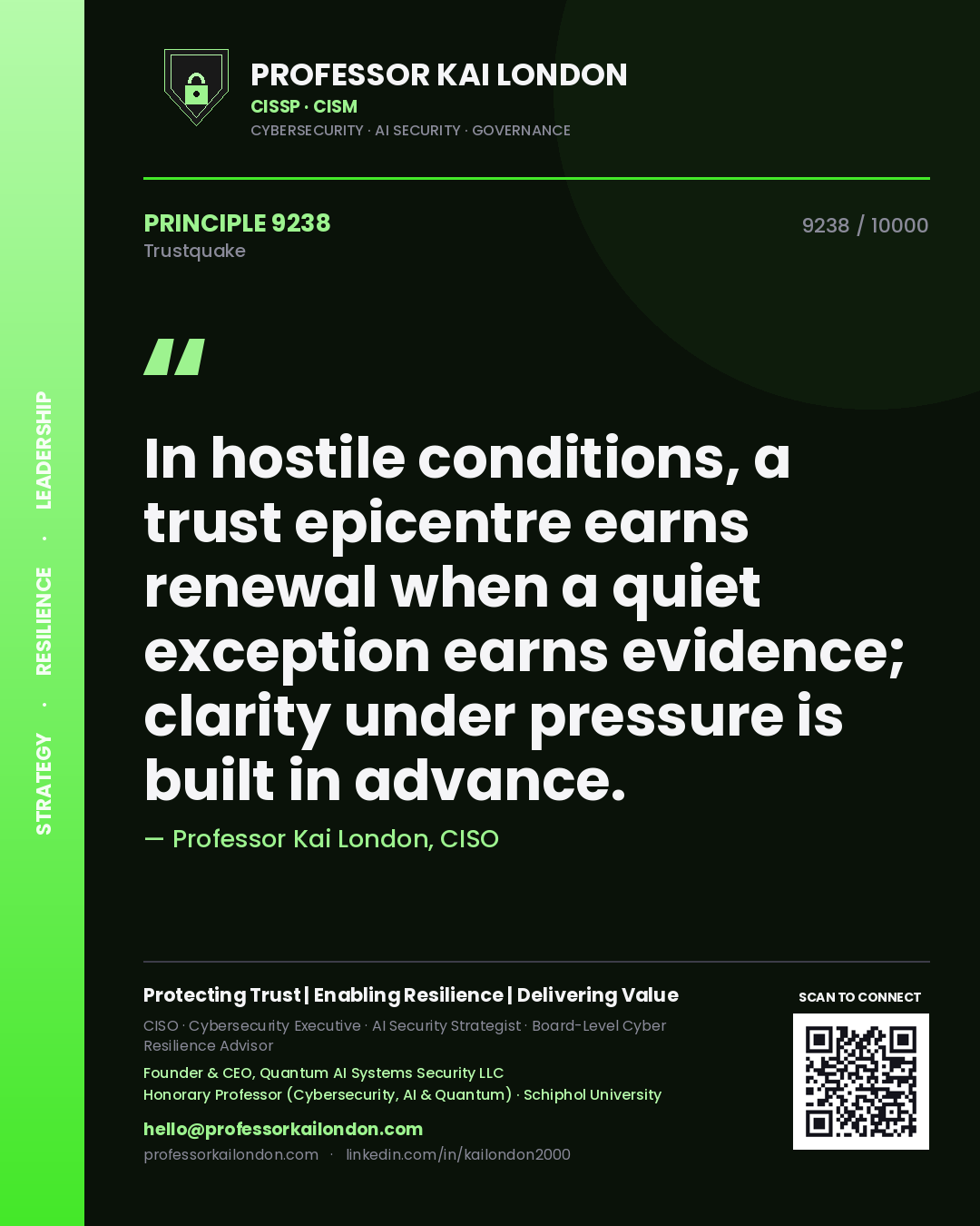 Quote card by Professor Kai London reading 'In hostile conditions, a trust epicentre earns renewal when a quiet exception earns evidence; clarity under pressure is built in advance.'. From the book Trustquake.