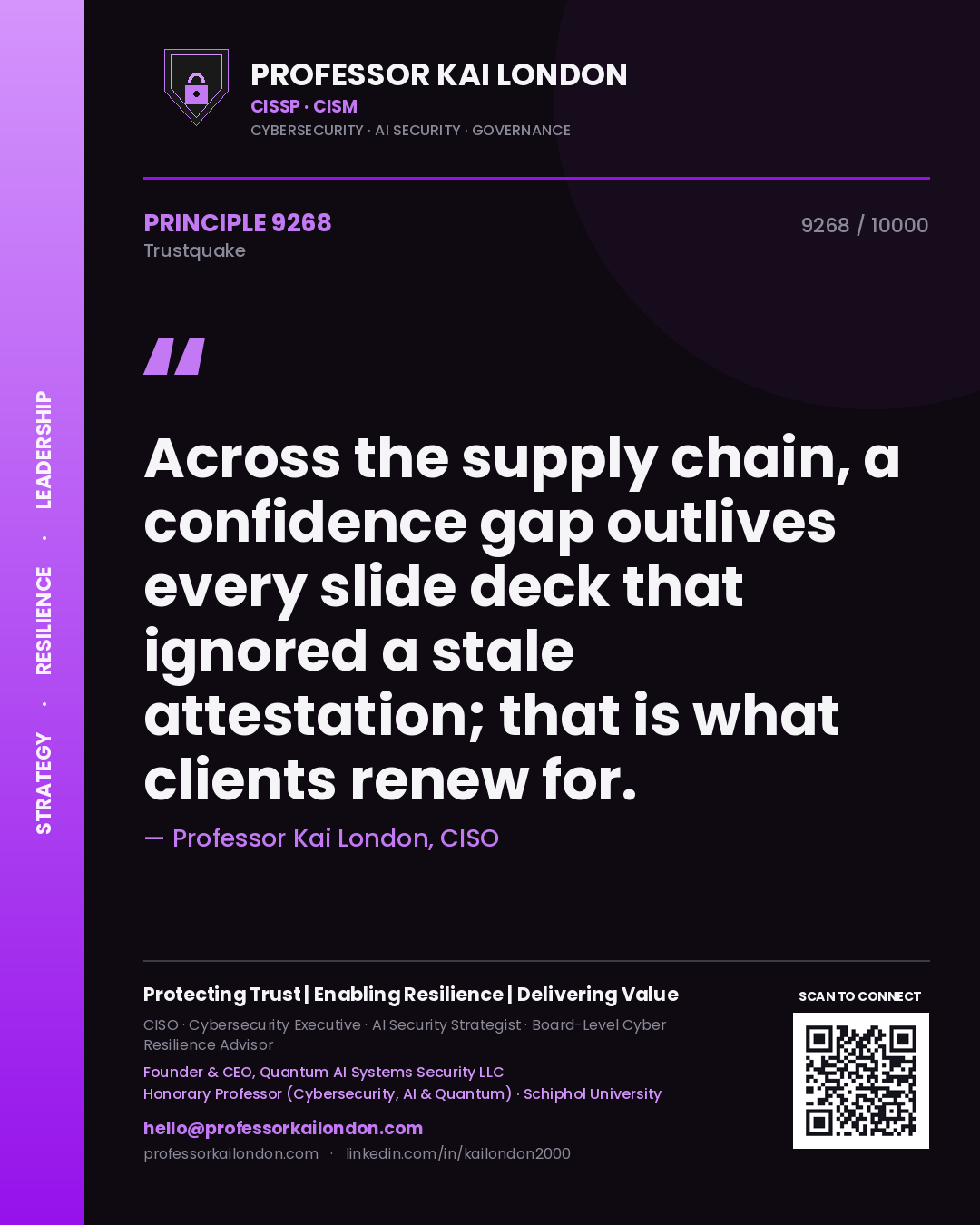 Quote card by Professor Kai London reading 'Across the supply chain, a confidence gap outlives every slide deck that ignored a stale attestation; that is what clients renew for.'. From the book Trustquake.