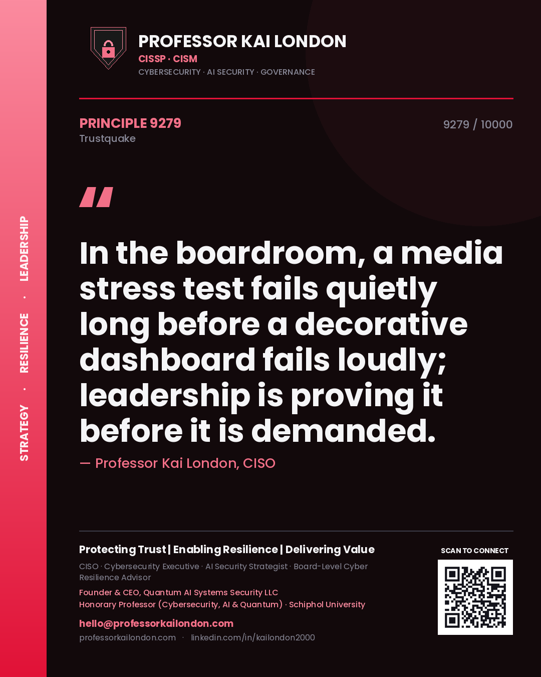 Quote card by Professor Kai London reading 'In the boardroom, a media stress test fails quietly long before a decorative dashboard fails loudly; leadership is proving it before it is demanded.'. From the book Trustquake.