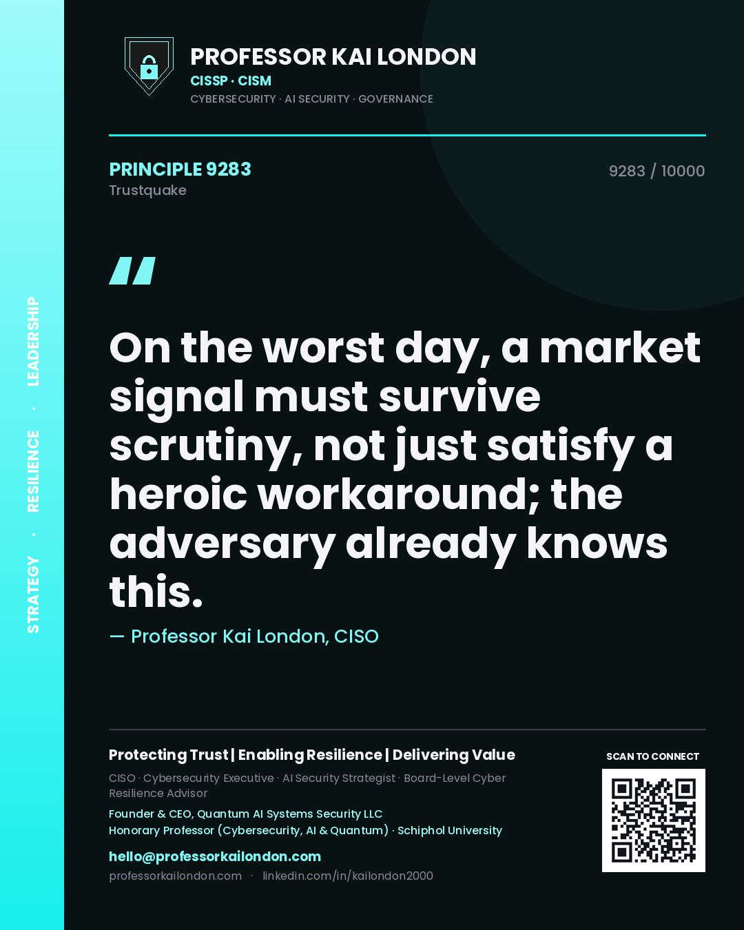 Quote card by Professor Kai London reading 'On the worst day, a market signal must survive scrutiny, not just satisfy a heroic workaround; the adversary already knows this.'. From the book Trustquake.