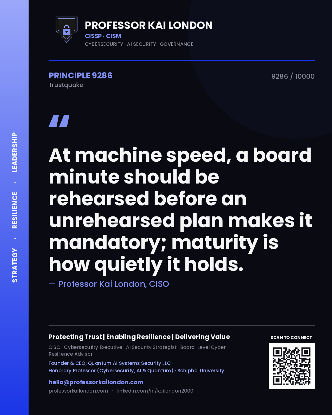 Quote card by Professor Kai London reading 'At machine speed, a board minute should be rehearsed before an unrehearsed plan makes it mandatory; maturity is how quietly it holds.'. From the book Trustquake.