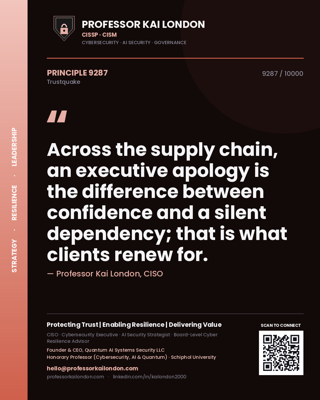 Professor Kai London principle 9287: Across the supply chain, an executive apology is the difference between confidence and a silent dependency; that is what clients renew for.