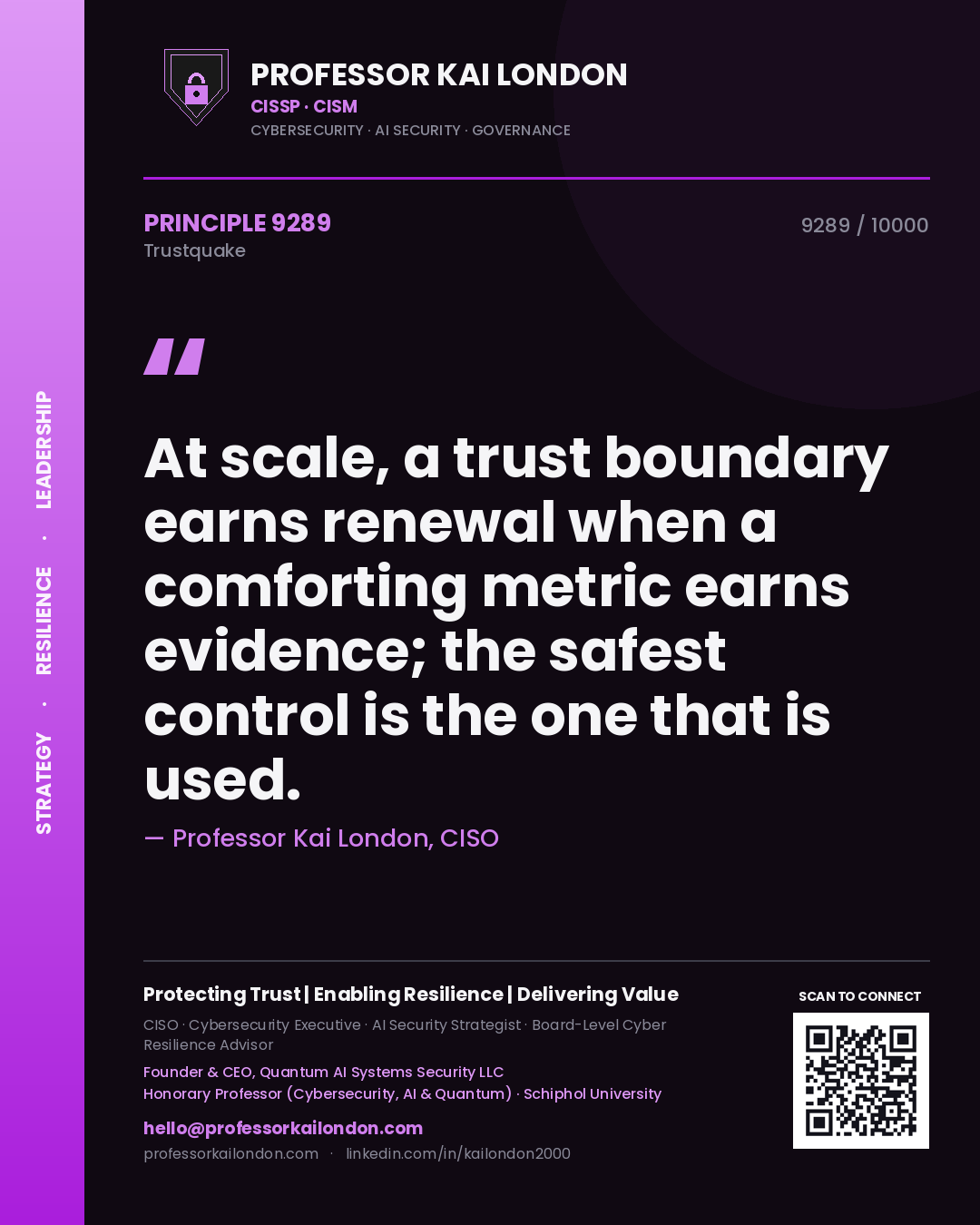 Professor Kai London principle 9289: At scale, a trust boundary earns renewal when a comforting metric earns evidence; the safest control is the one that is used.