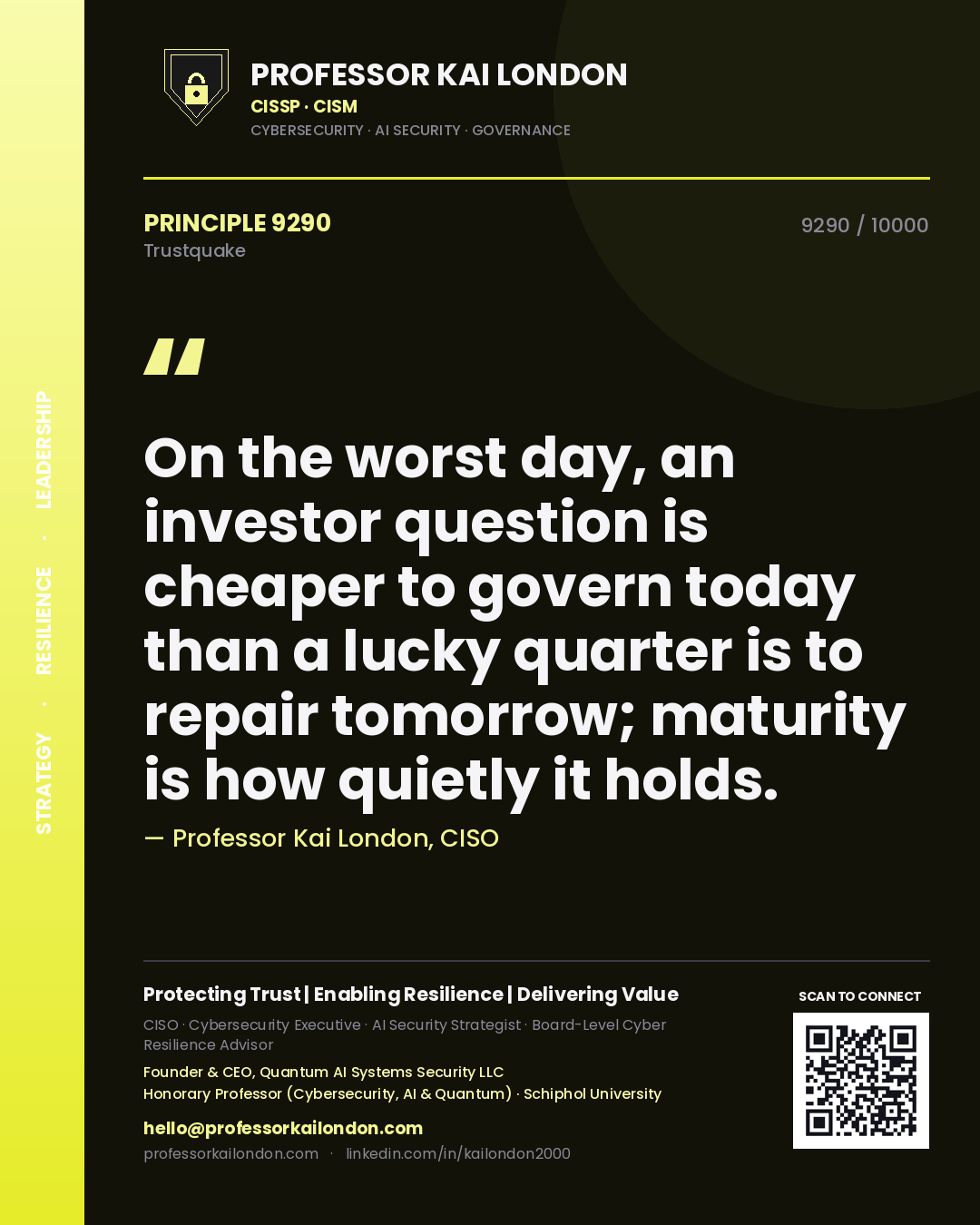 Quote card by Professor Kai London reading 'On the worst day, an investor question is cheaper to govern today than a lucky quarter is to repair tomorrow; maturity is how quietly it holds.'. From the book Trustquake.