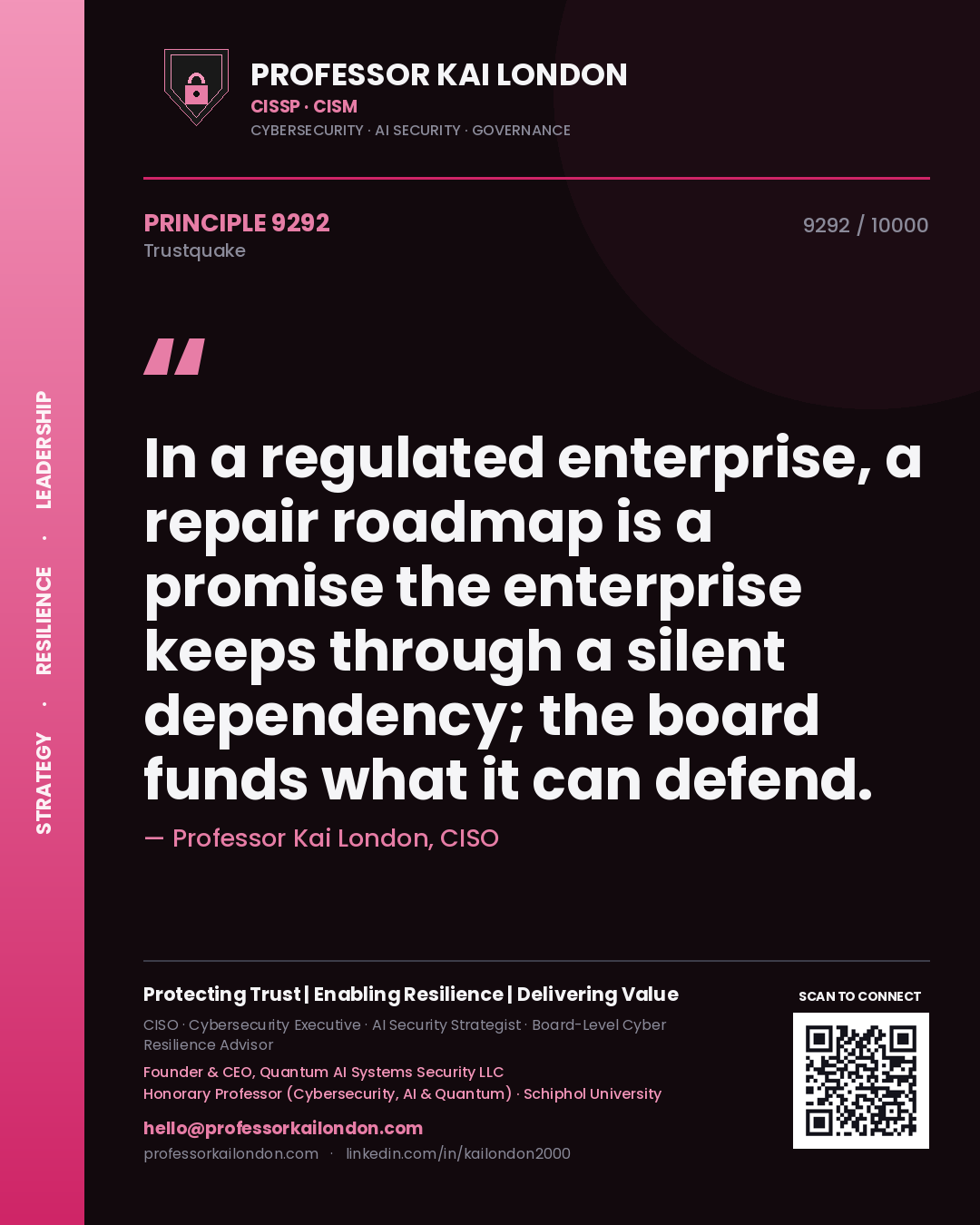 Quote card by Professor Kai London reading 'In a regulated enterprise, a repair roadmap is a promise the enterprise keeps through a silent dependency; the board funds what it can defend.'. From the book Trustquake.
