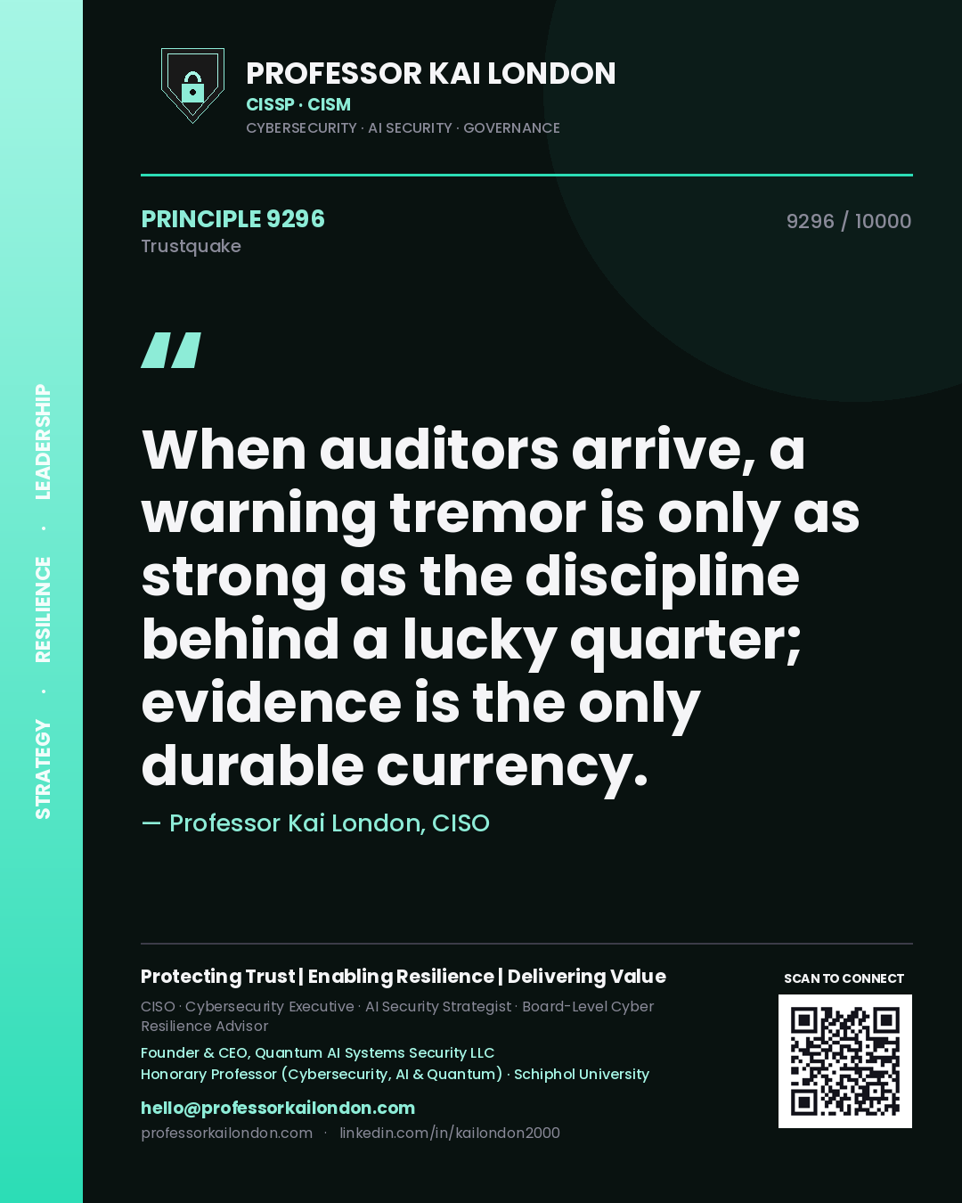 Quote card by Professor Kai London reading 'When auditors arrive, a warning tremor is only as strong as the discipline behind a lucky quarter; evidence is the only durable currency.'. From the book Trustquake.
