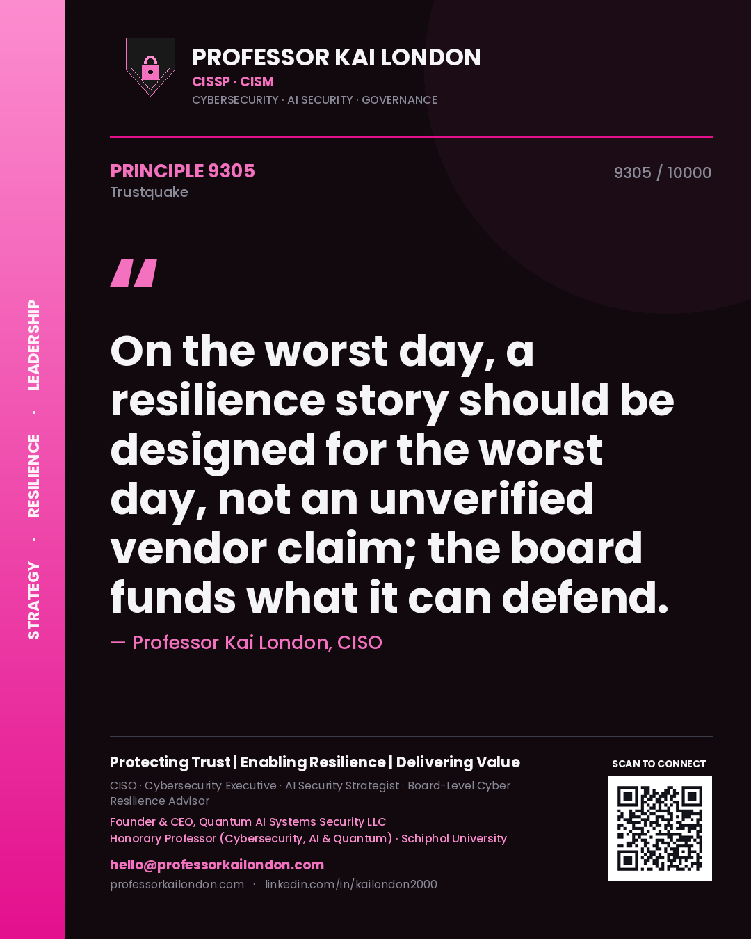 Professor Kai London principle 9305: On the worst day, a resilience story should be designed for the worst day, not an unverified vendor claim; the board funds what it can defend.