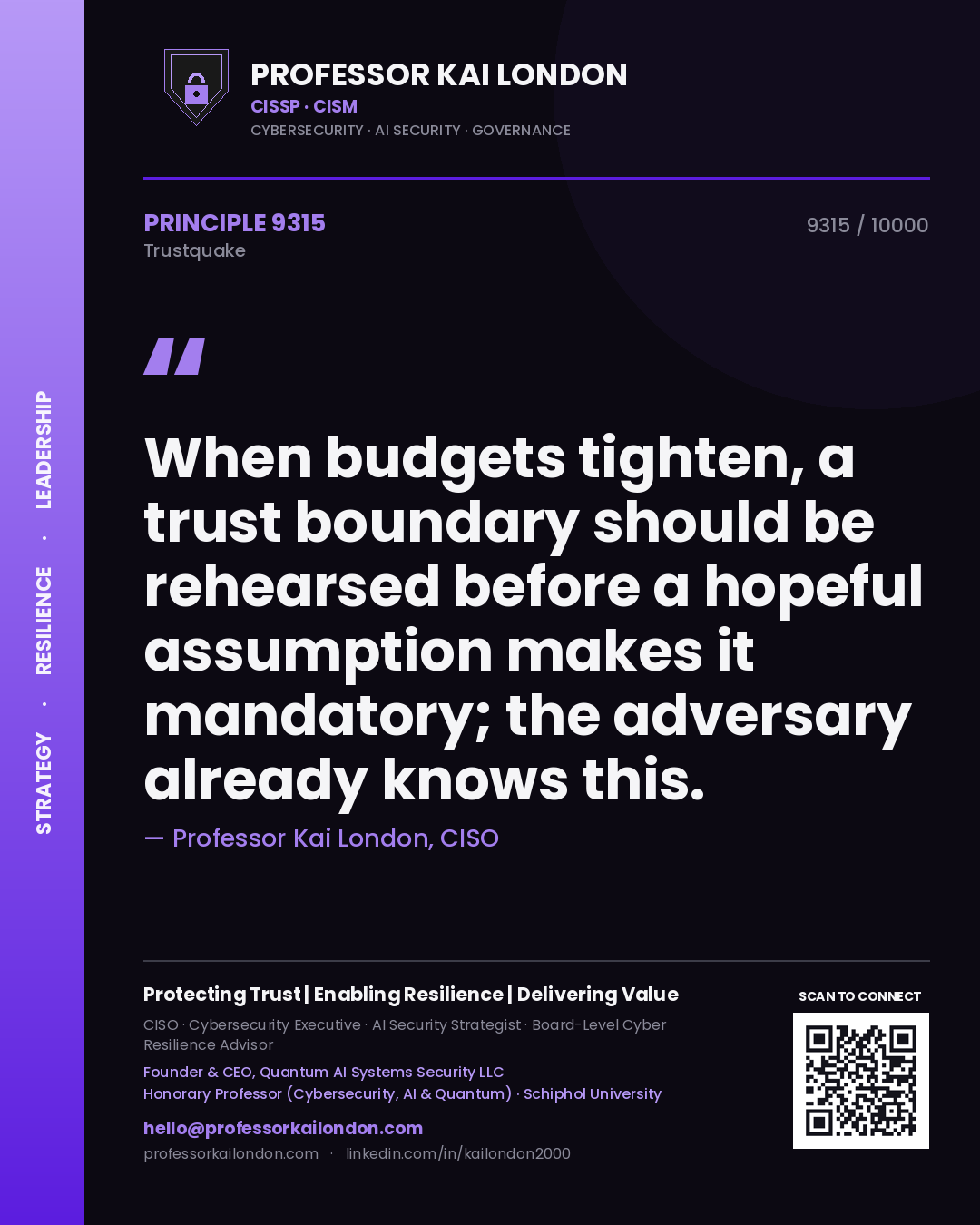 Professor Kai London principle 9315: When budgets tighten, a trust boundary should be rehearsed before a hopeful assumption makes it mandatory; the adversary already knows this.