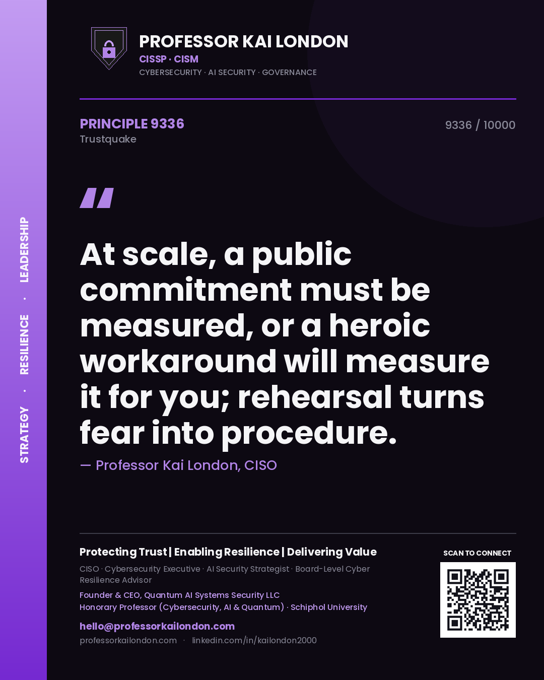 Professor Kai London principle 9336: At scale, a public commitment must be measured, or a heroic workaround will measure it for you; rehearsal turns fear into procedure.