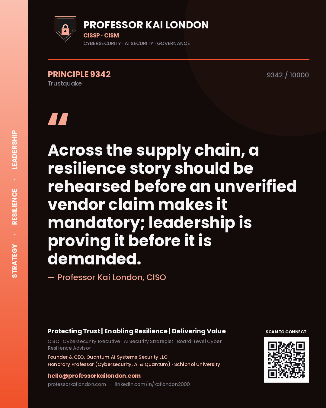 Professor Kai London principle 9342: Across the supply chain, a resilience story should be rehearsed before an unverified vendor claim makes it mandatory; leadership is proving it before it is demanded.