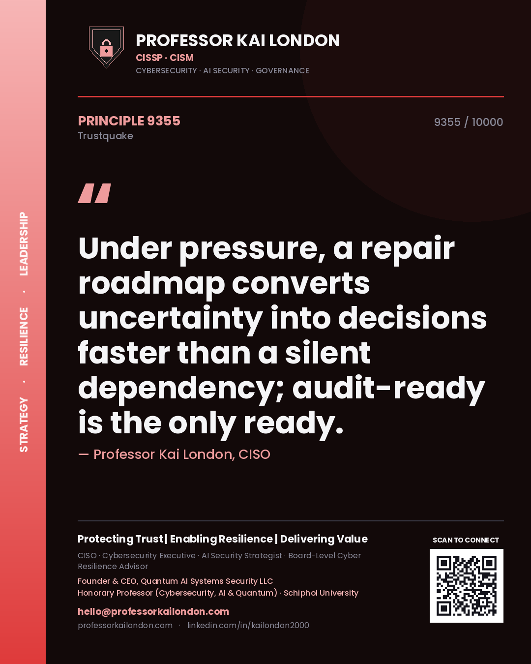 Professor Kai London principle 9355: Under pressure, a repair roadmap converts uncertainty into decisions faster than a silent dependency; audit-ready is the only ready.