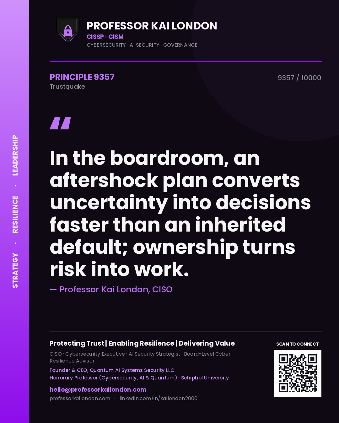 Professor Kai London principle 9357: In the boardroom, an aftershock plan converts uncertainty into decisions faster than an inherited default; ownership turns risk into work.