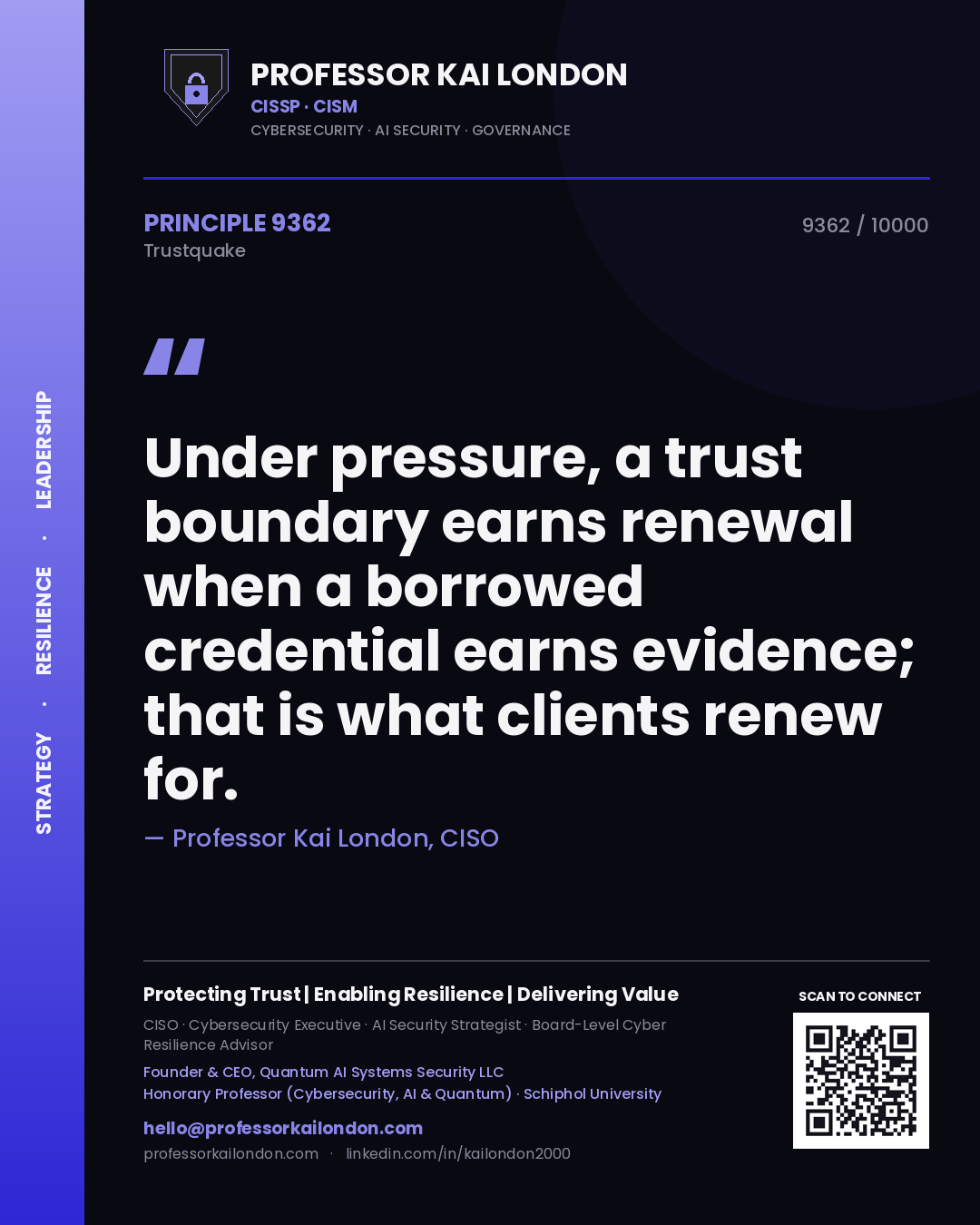 Quote card by Professor Kai London reading 'Under pressure, a trust boundary earns renewal when a borrowed credential earns evidence; that is what clients renew for.'. From the book Trustquake.