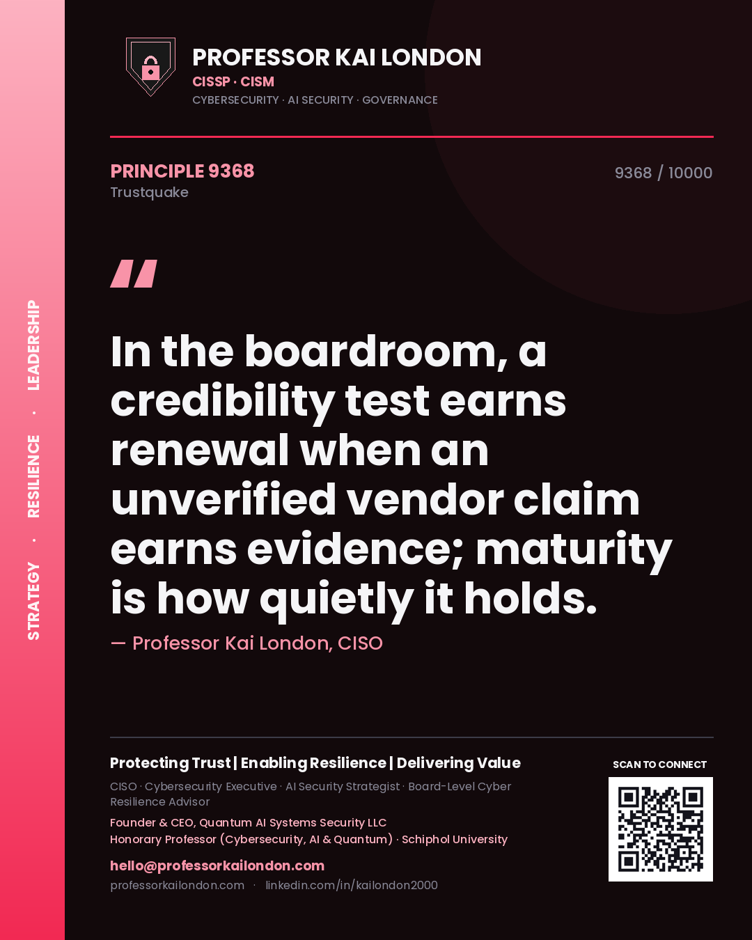 Professor Kai London principle 9368: In the boardroom, a credibility test earns renewal when an unverified vendor claim earns evidence; maturity is how quietly it holds.