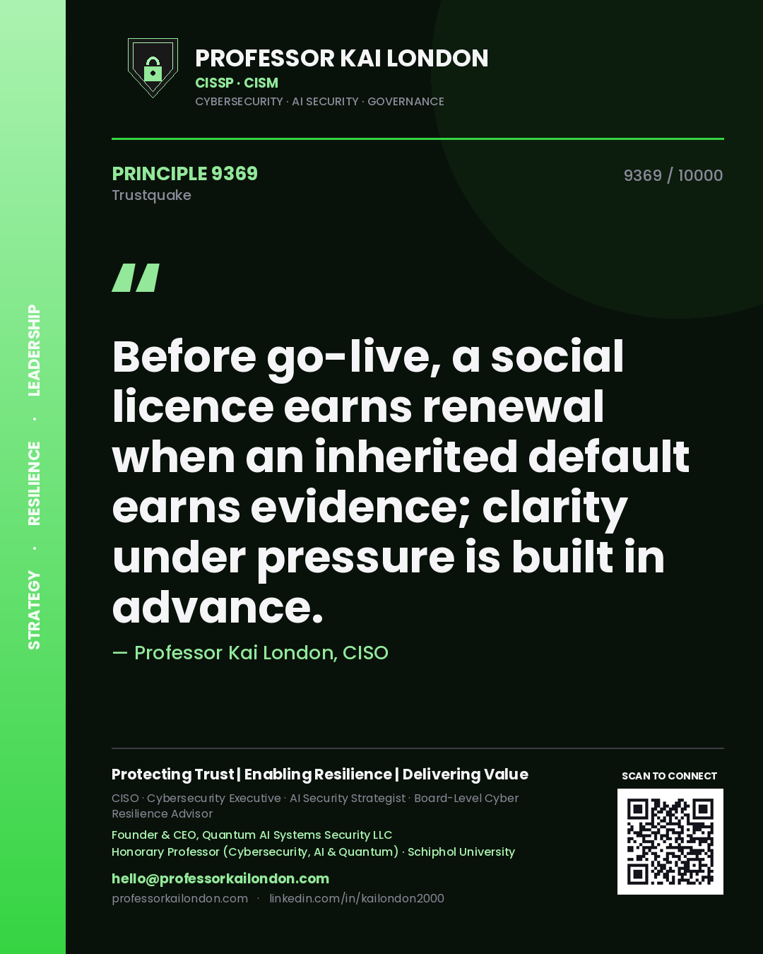 Quote card by Professor Kai London reading 'Before go-live, a social licence earns renewal when an inherited default earns evidence; clarity under pressure is built in advance.'. From the book Trustquake.