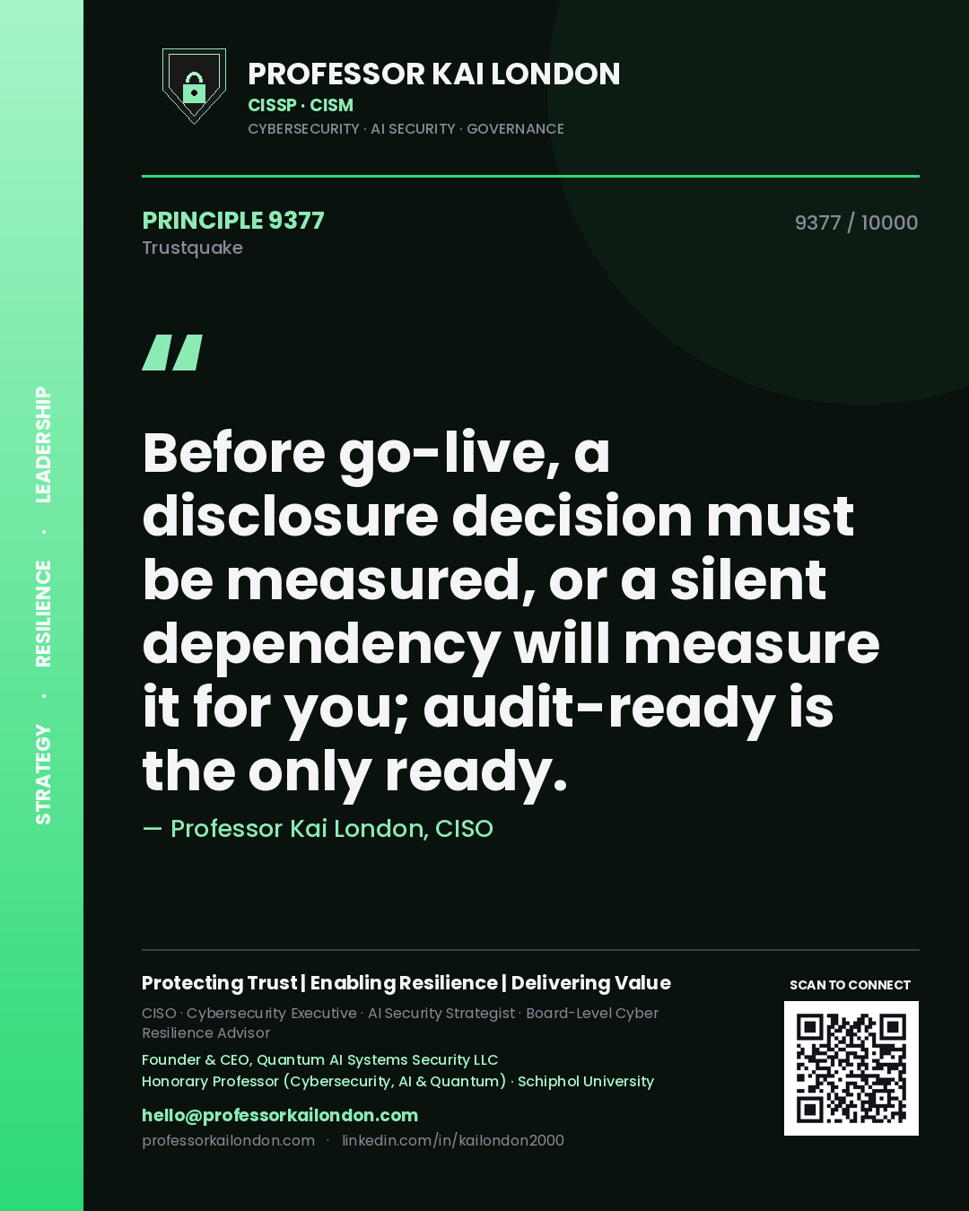 Professor Kai London principle 9377: Before go-live, a disclosure decision must be measured, or a silent dependency will measure it for you; audit-ready is the only ready.