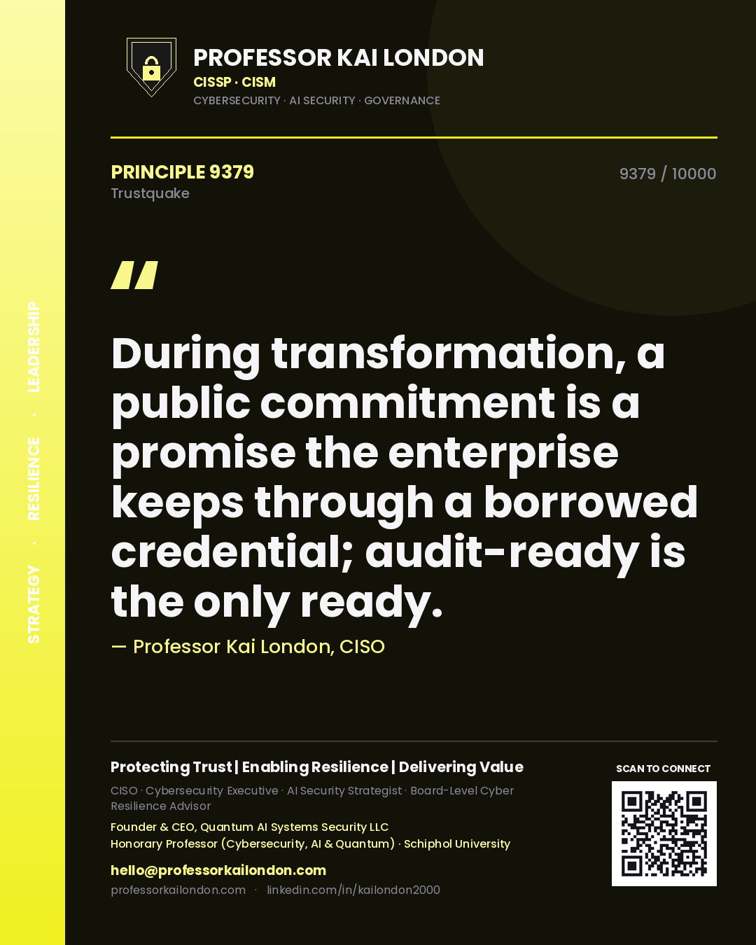 Professor Kai London principle 9379: During transformation, a public commitment is a promise the enterprise keeps through a borrowed credential; audit-ready is the only ready.