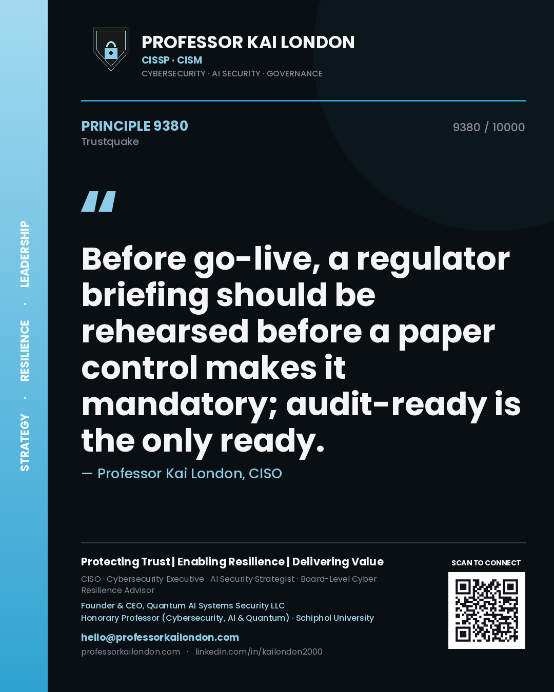 Professor Kai London principle 9380: Before go-live, a regulator briefing should be rehearsed before a paper control makes it mandatory; audit-ready is the only ready.
