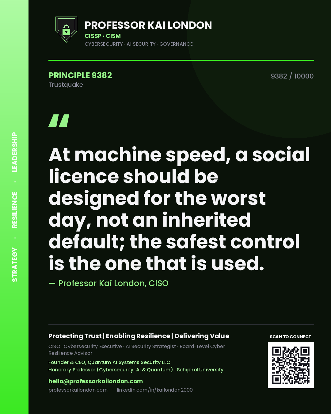 Quote card by Professor Kai London reading 'At machine speed, a social licence should be designed for the worst day, not an inherited default; the safest control is the one that is used.'. From the book Trustquake.