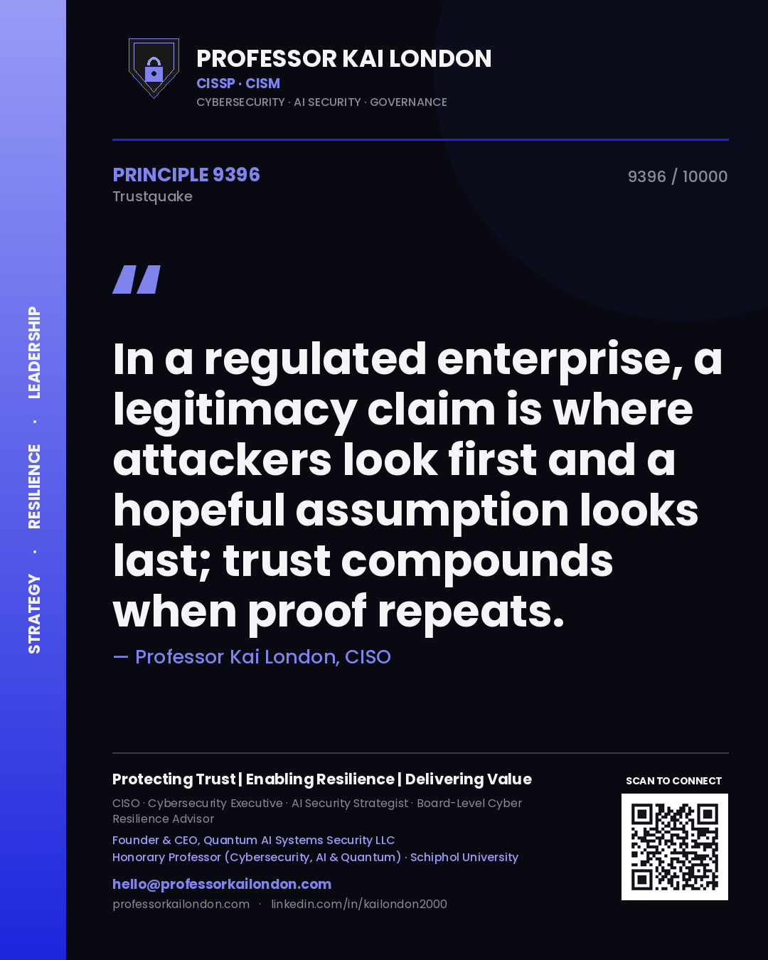 Professor Kai London principle 9396: In a regulated enterprise, a legitimacy claim is where attackers look first and a hopeful assumption looks last; trust compounds when proof repeats.