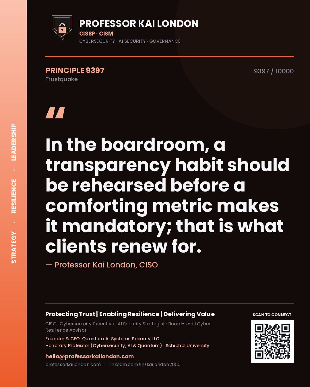 Professor Kai London principle 9397: In the boardroom, a transparency habit should be rehearsed before a comforting metric makes it mandatory; that is what clients renew for.
