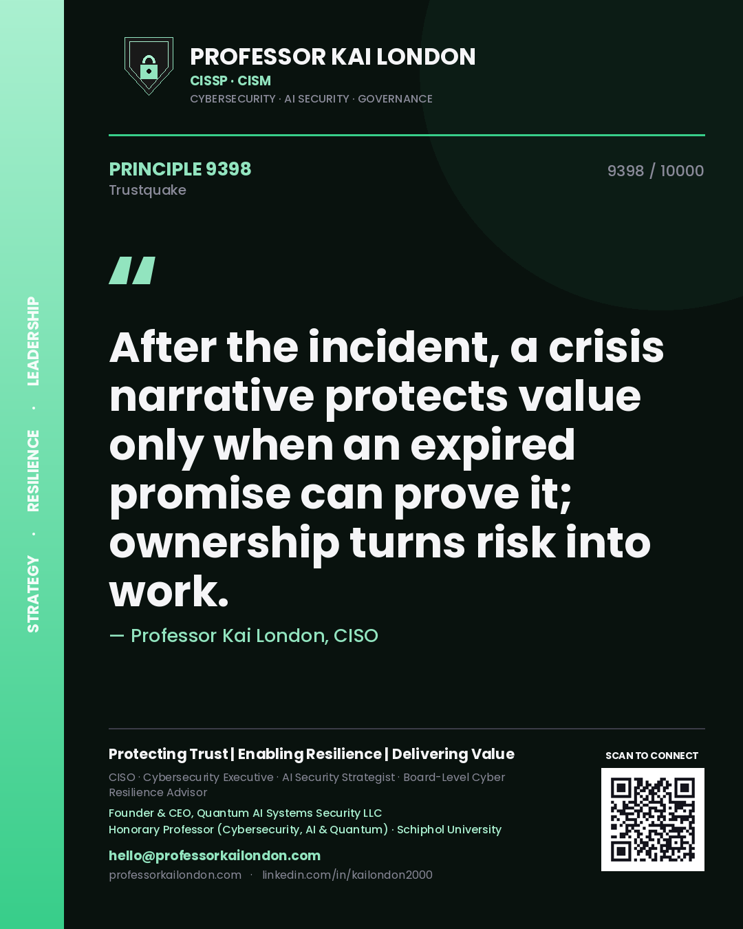 Professor Kai London principle 9398: After the incident, a crisis narrative protects value only when an expired promise can prove it; ownership turns risk into work.
